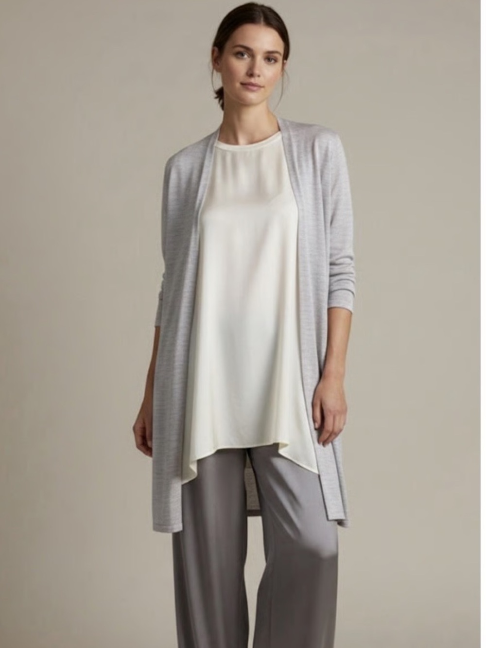Eileen Fisher Gray Organic Cotton Blend Lightweight Open Front Long Cardigan
